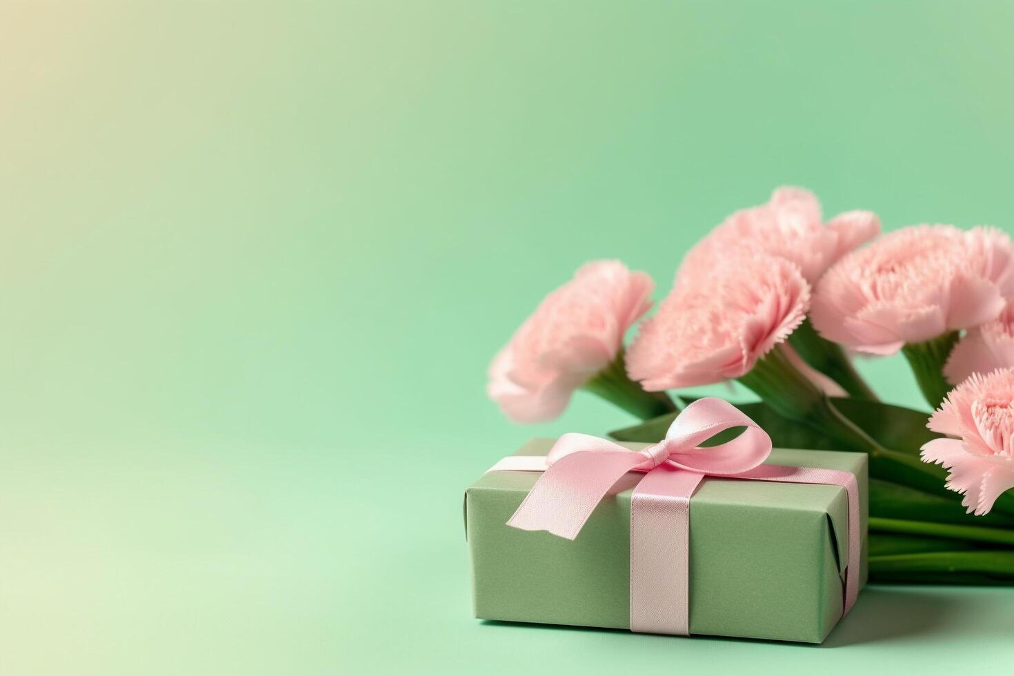 Top view of pink present boxes with ribbon, carnation flowers on a soft pastel green background with copy space, photo