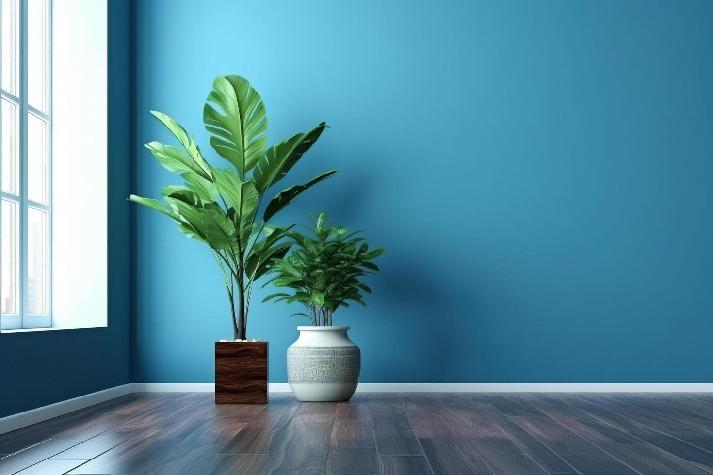 Modern room with a wooden floor and blue wall, potted plants next to a large window, photo