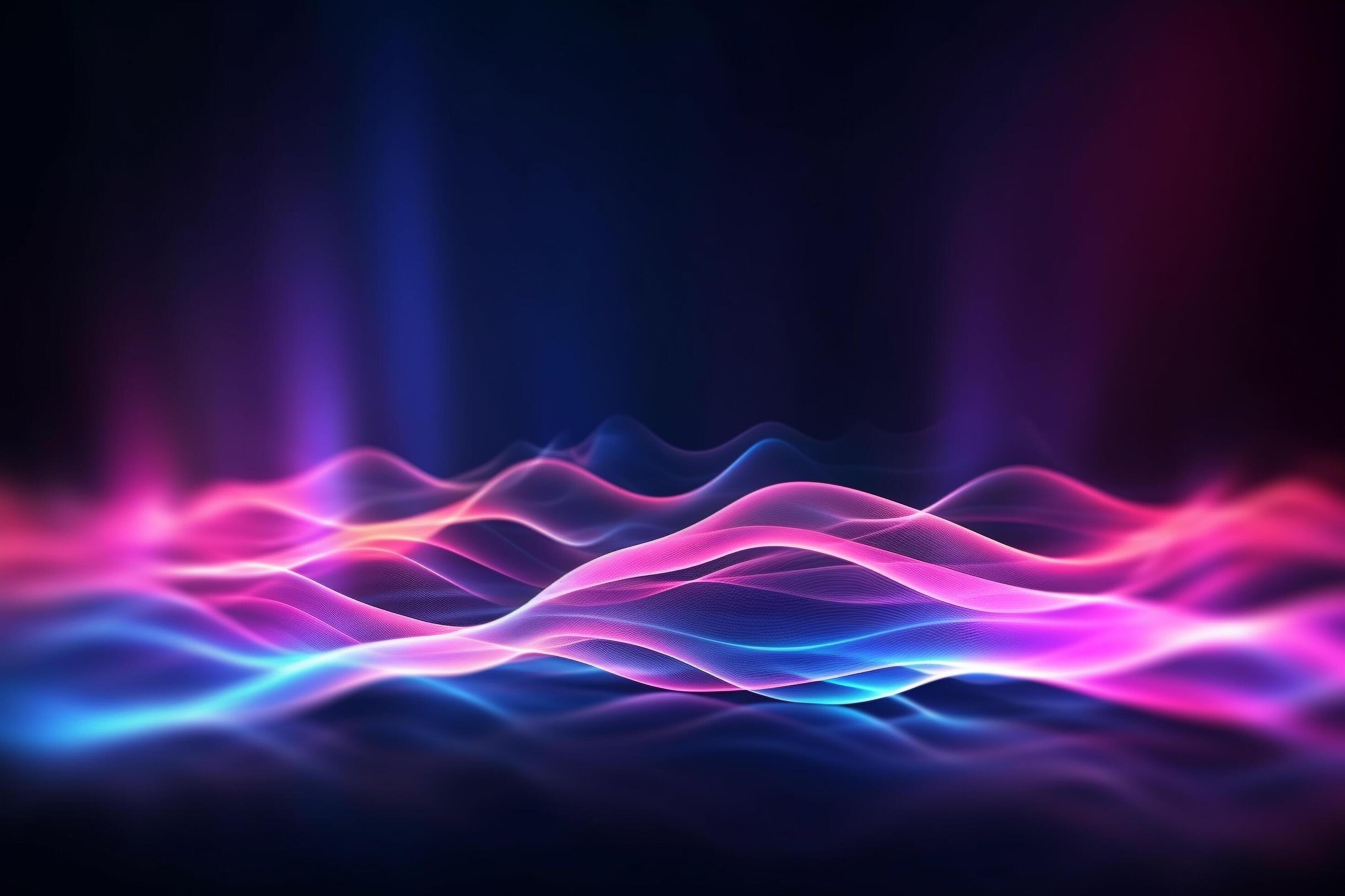 Foto de Dark blue abstract background with ultraviolet neon glow, blurry  light lines, waves do Stock