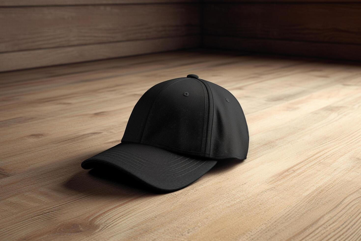 Blank black cap on a wooden floor, mockup concept illustration, Generative AI photo