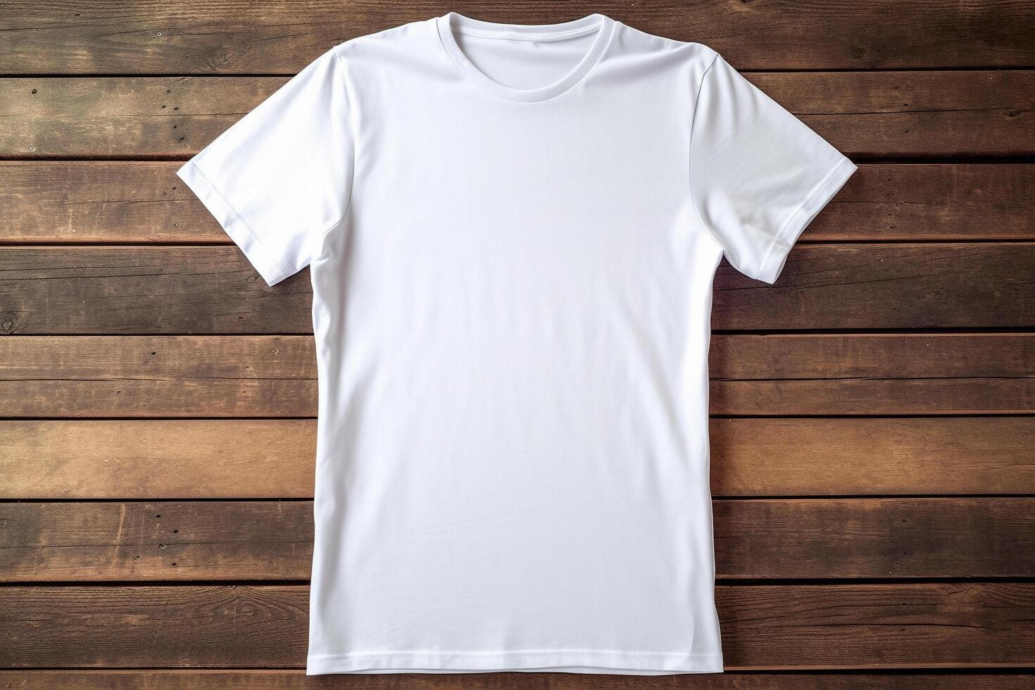 Blank white t-shirt mockup on wooden background, photo