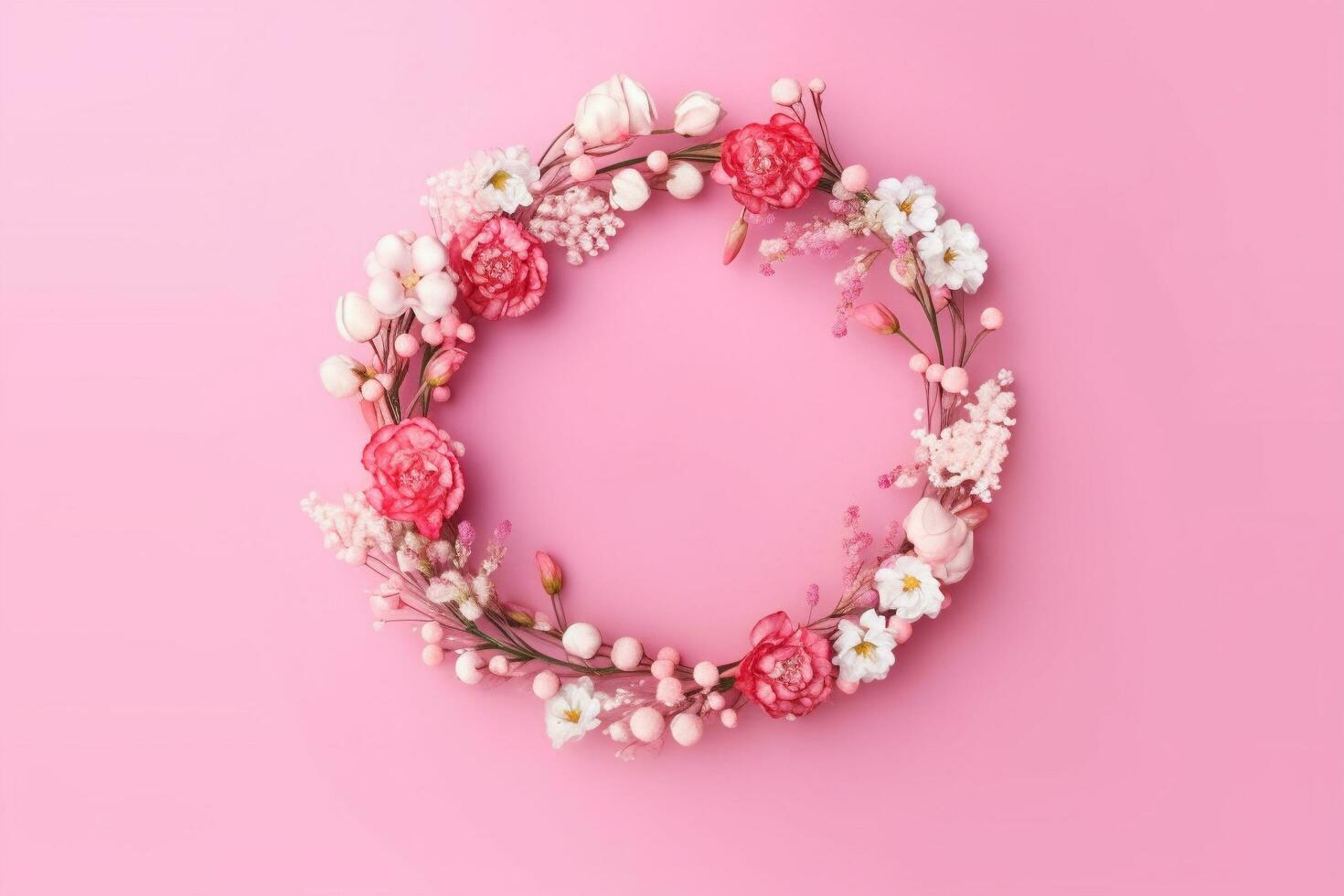 Abstract natural floral frame layout with copy space, different small flowers in a wreath on pink background with copy space, Generative AI photo