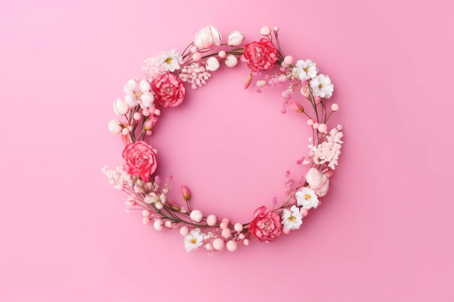Abstract natural floral frame layout with copy space, different small flowers in a wreath on pink background with copy space, photo