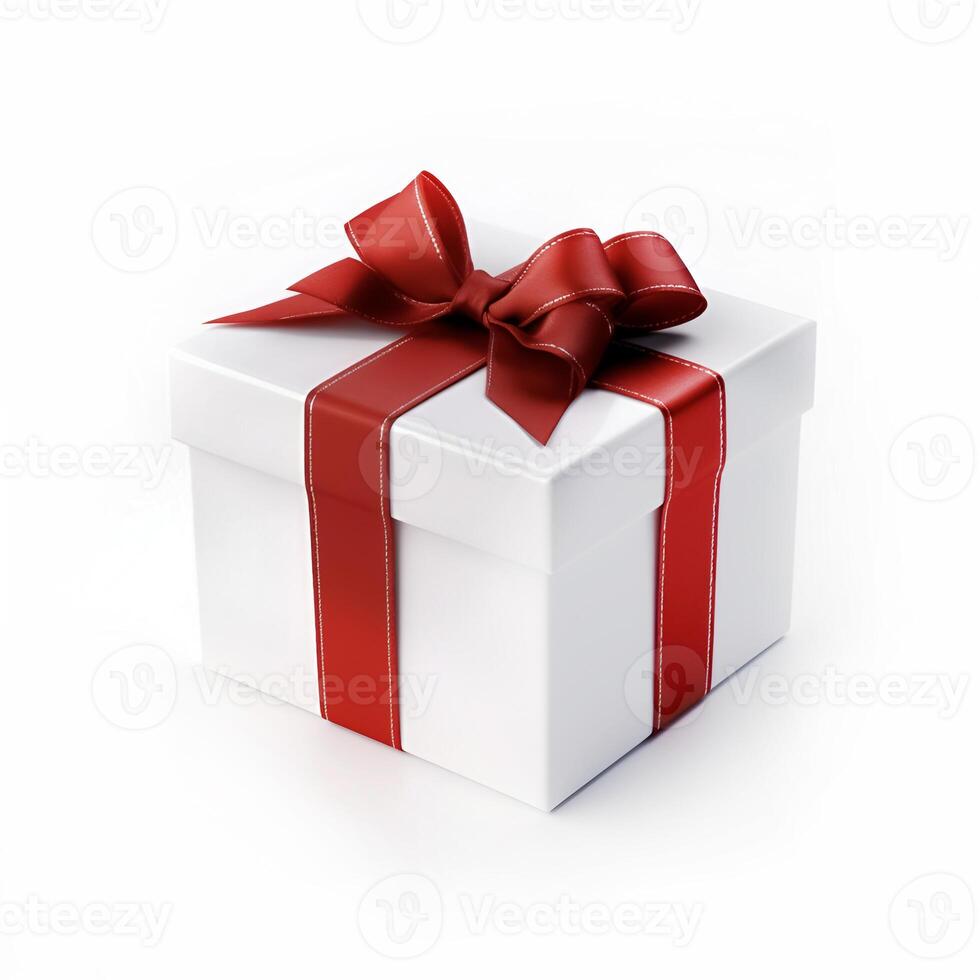 White gift box with red satin bow isolated on background. AI generated photo