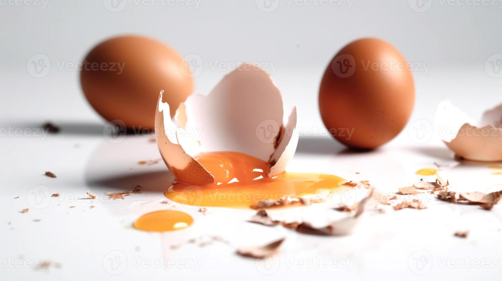 Broken egg close up against the background of two whole eggs. White background, selective focus. AI generated. photo