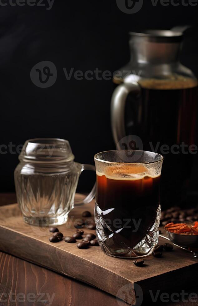 Coffee cocktail. The composition is empty and full of glass. Coffee with wine on a wooden table. Vertical format for stories, covers, invitations. photo