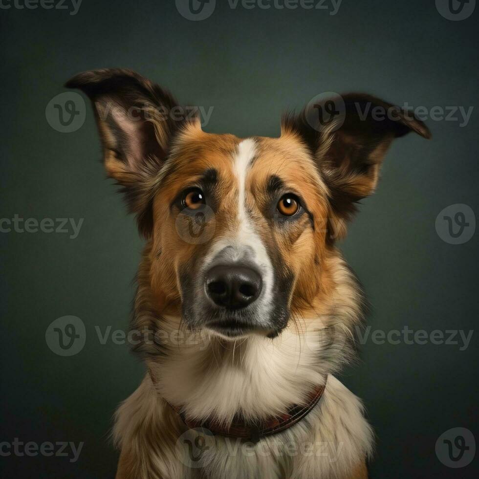 Close up portrait of red and black mixed breed dog sitting in the studio, looking at camera on gray background. Generative AI photo