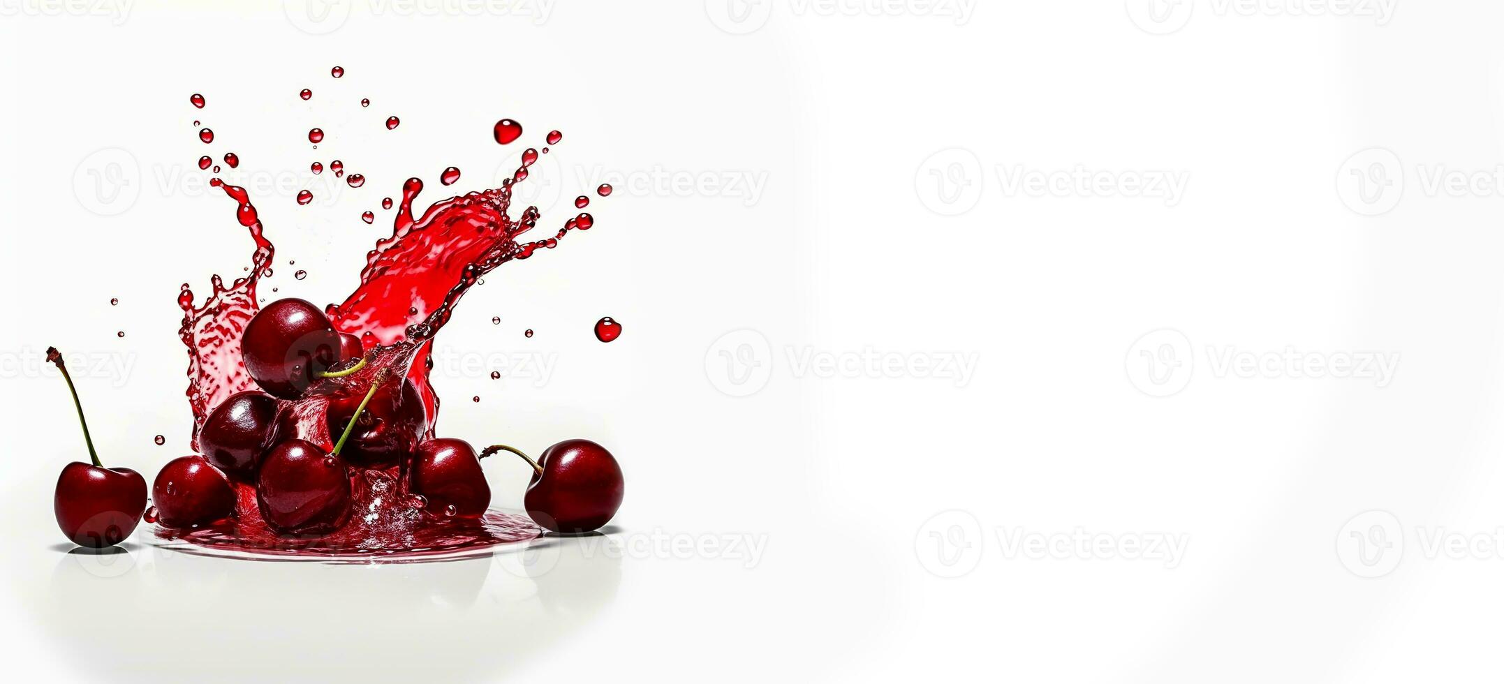 Cherries in a splash of juice highlighted on white background with space for text. Cherry wine. AI generated photo