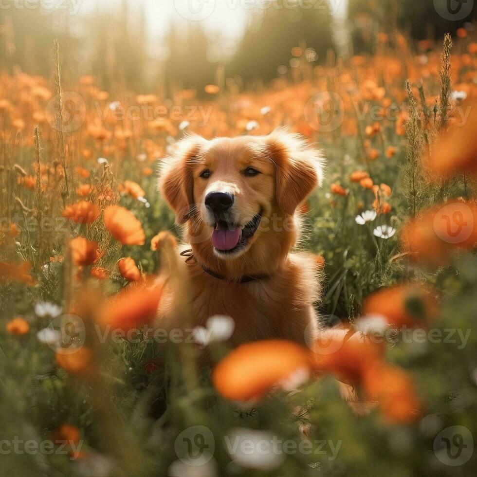 Portrait of a Golden Retriever red-haired happy puppy in a poppy field with selective focus. Natural background. Generative AI photo