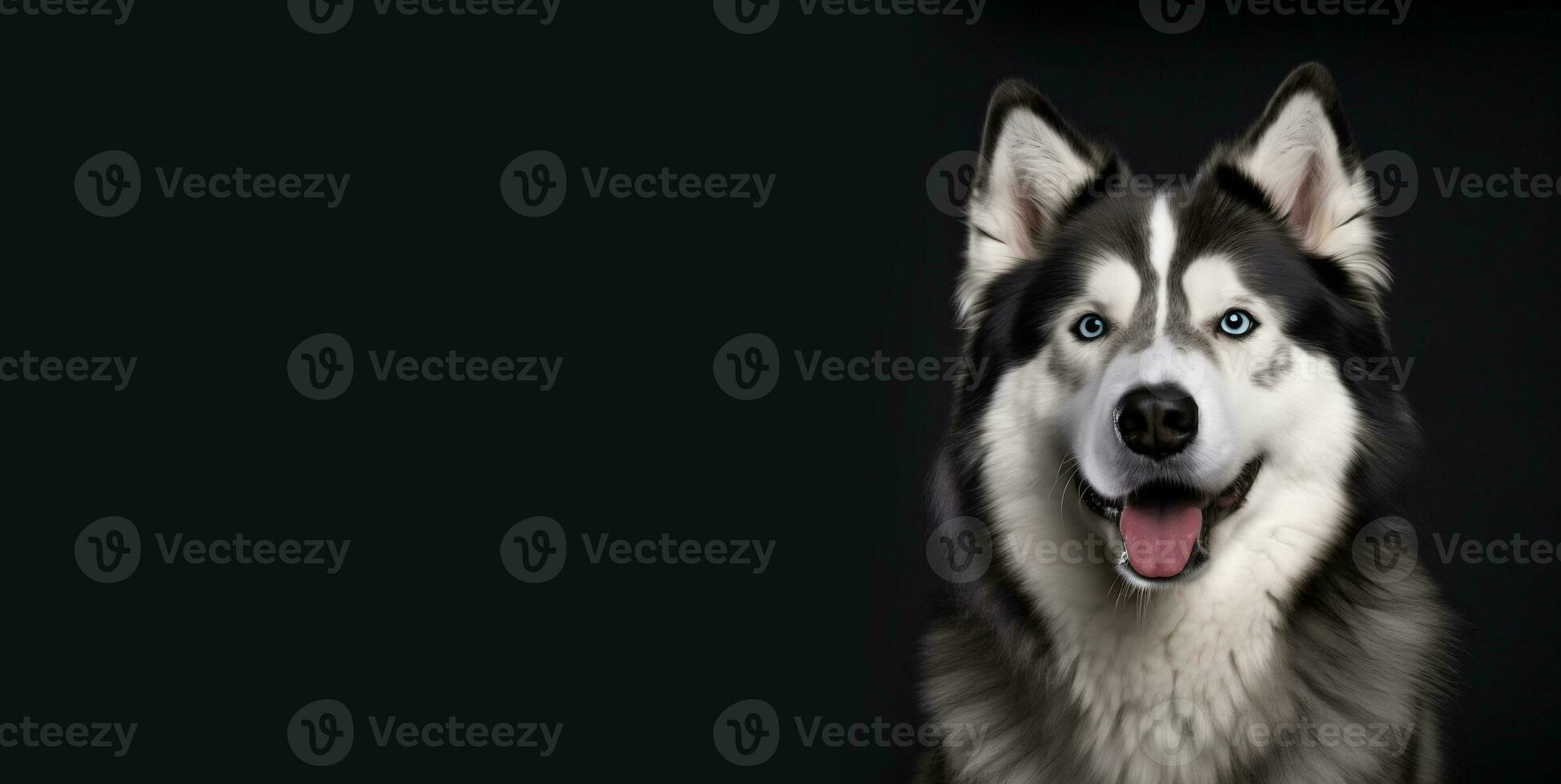 Alaskan Malamute studio portrait on a black background with space for text. A large gray smiling dog with blue eyes. Cute face with a smart look. Generative AI photo