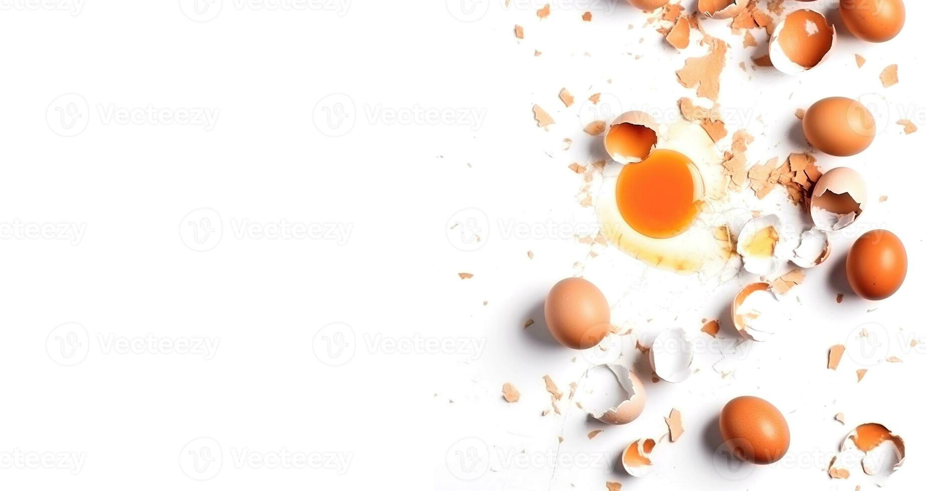 Broken raw eggs on a white background with space for text. Flat lay top view. Design for a clearing company. AI generated photo