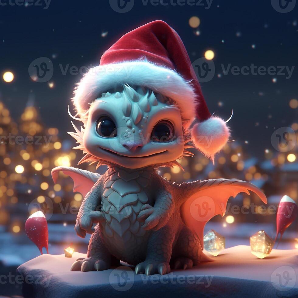 Dragon Santa. Super cute dragon baby. AI generated image photo