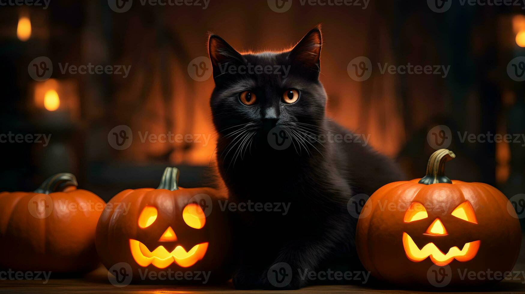 Halloween cute black cat and pumpkin lanterns. AI generated image photo