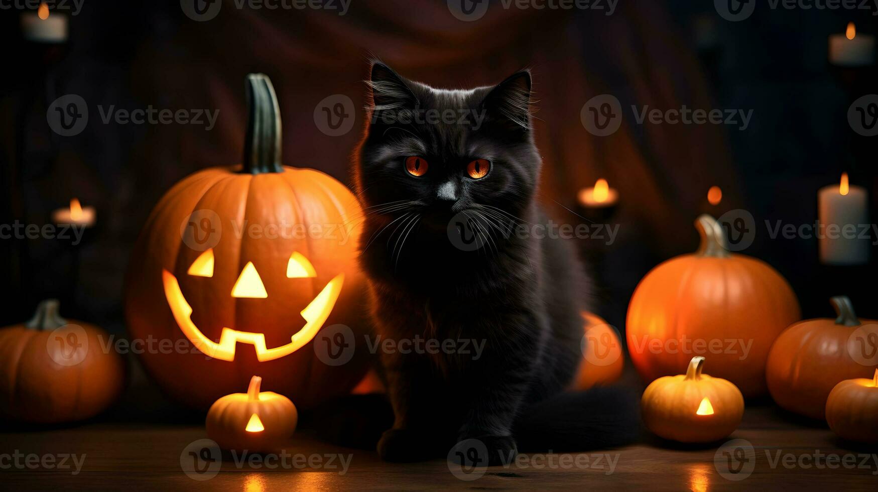 Halloween cute black cat and pumpkin lanterns. AI generated image photo