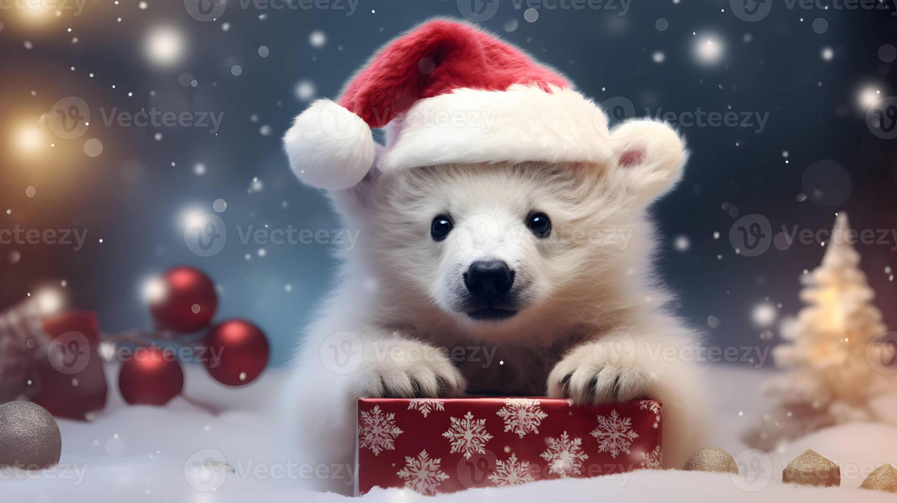 Super cute white polar bear in Santa hat with giftbox. AI generated image photo