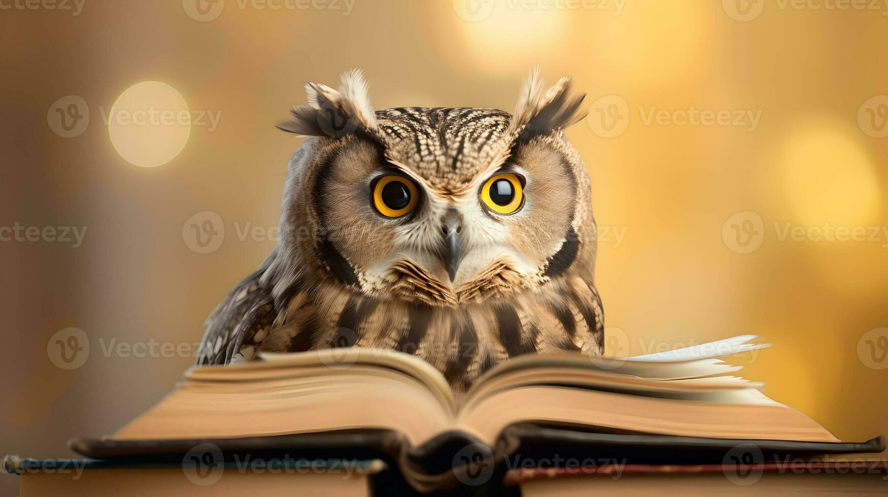 Cute owl teacher with pile of books. Back to school concept. AI generated image. photo