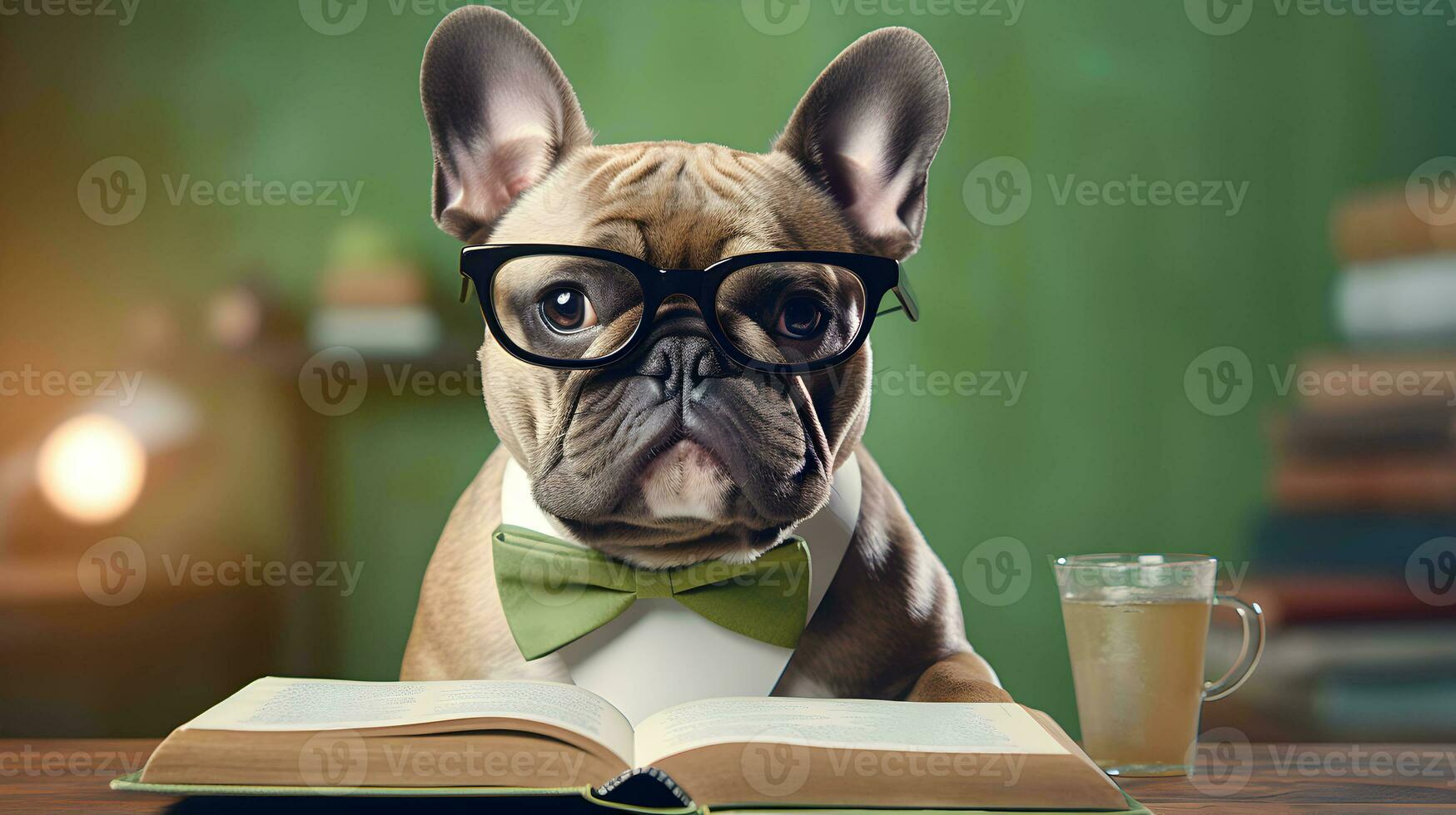 Cute french bulldog student wearing glasses, with pile of books. AI generated image. photo