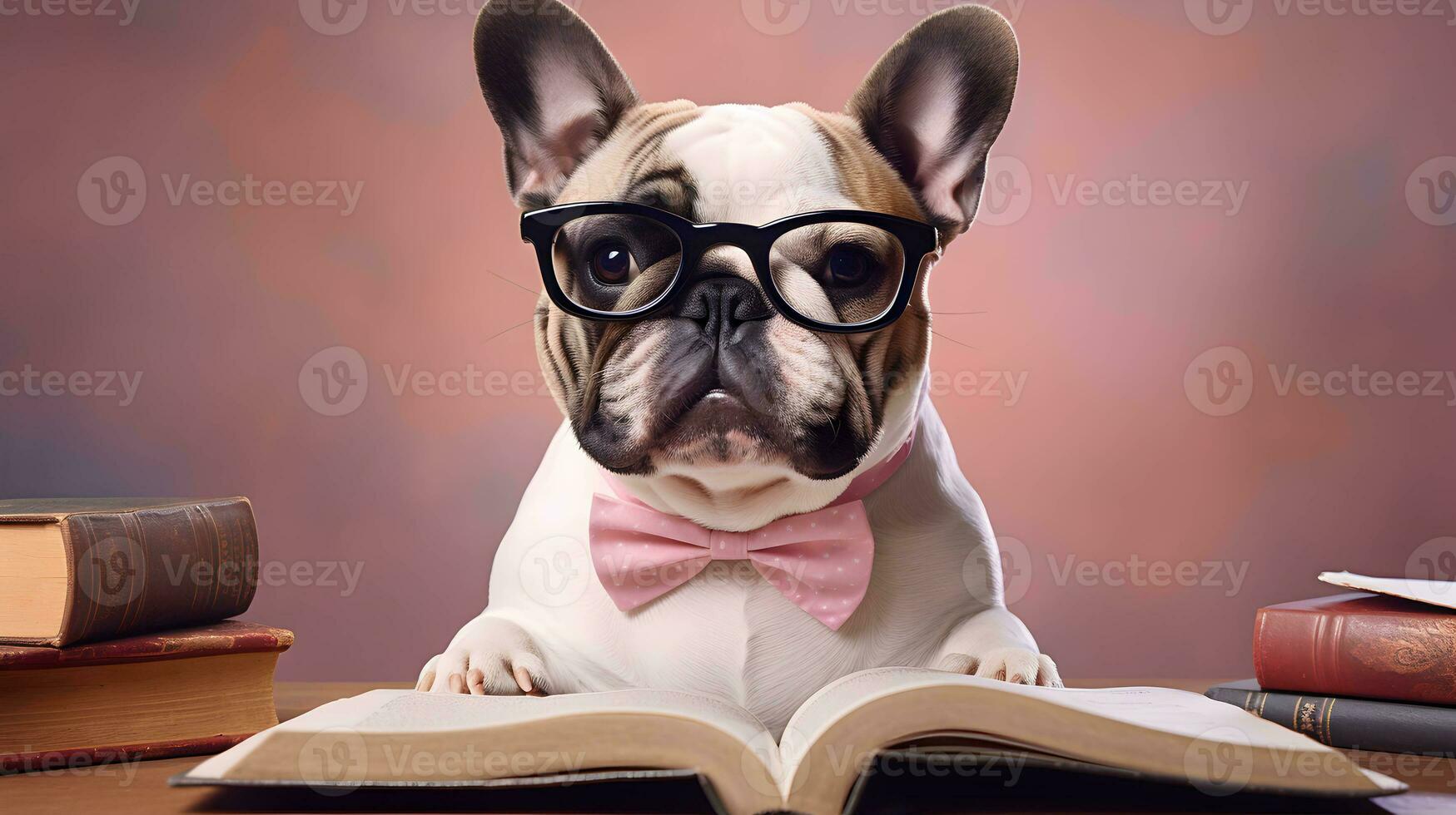 Cute french bulldog professor wearing glasses  with pile of books. AI generated image. photo