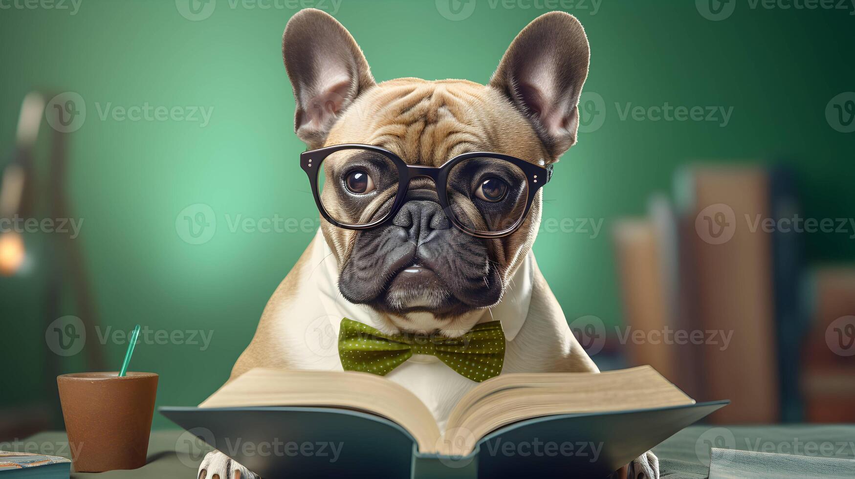 Cute french bulldog student wearing glasses, with pile of books. AI generated image. photo