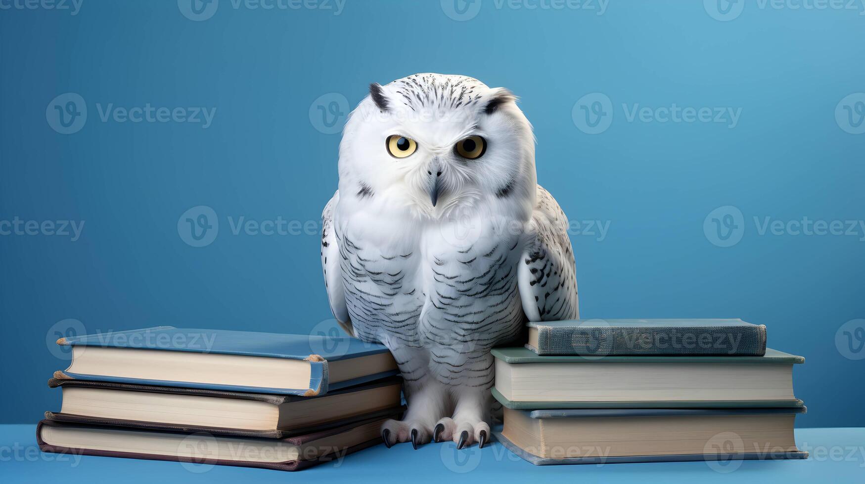 Cute white owl with pile of books. Back to school concept. AI generated image. photo