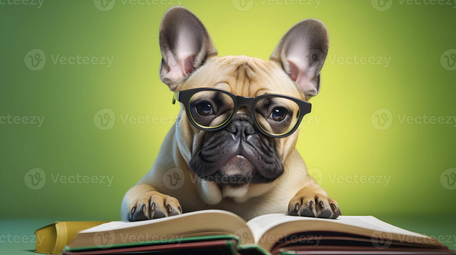 Cute french bulldog student wearing glasses, with pile of books. AI generated image. photo