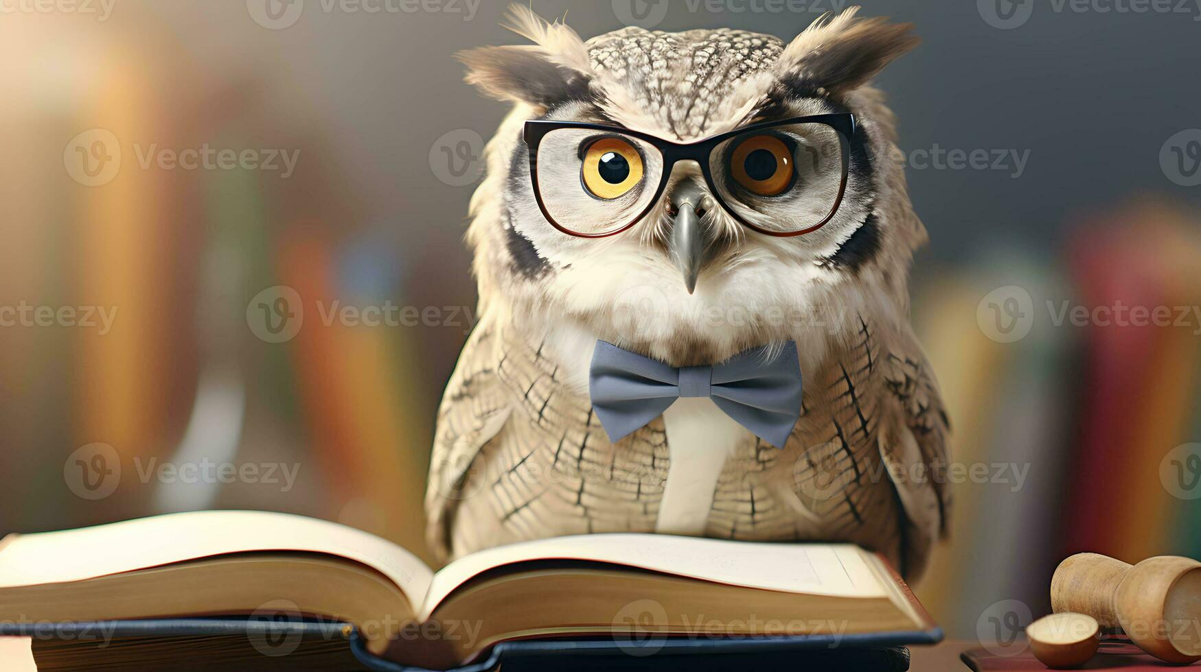linda búho profesor con pila de libros. espalda a colegio concepto. ai generado imagen. foto