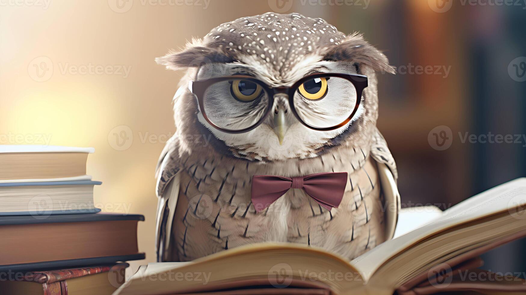 Cute owl teacher with pile of books. Back to school concept. AI generated image. photo