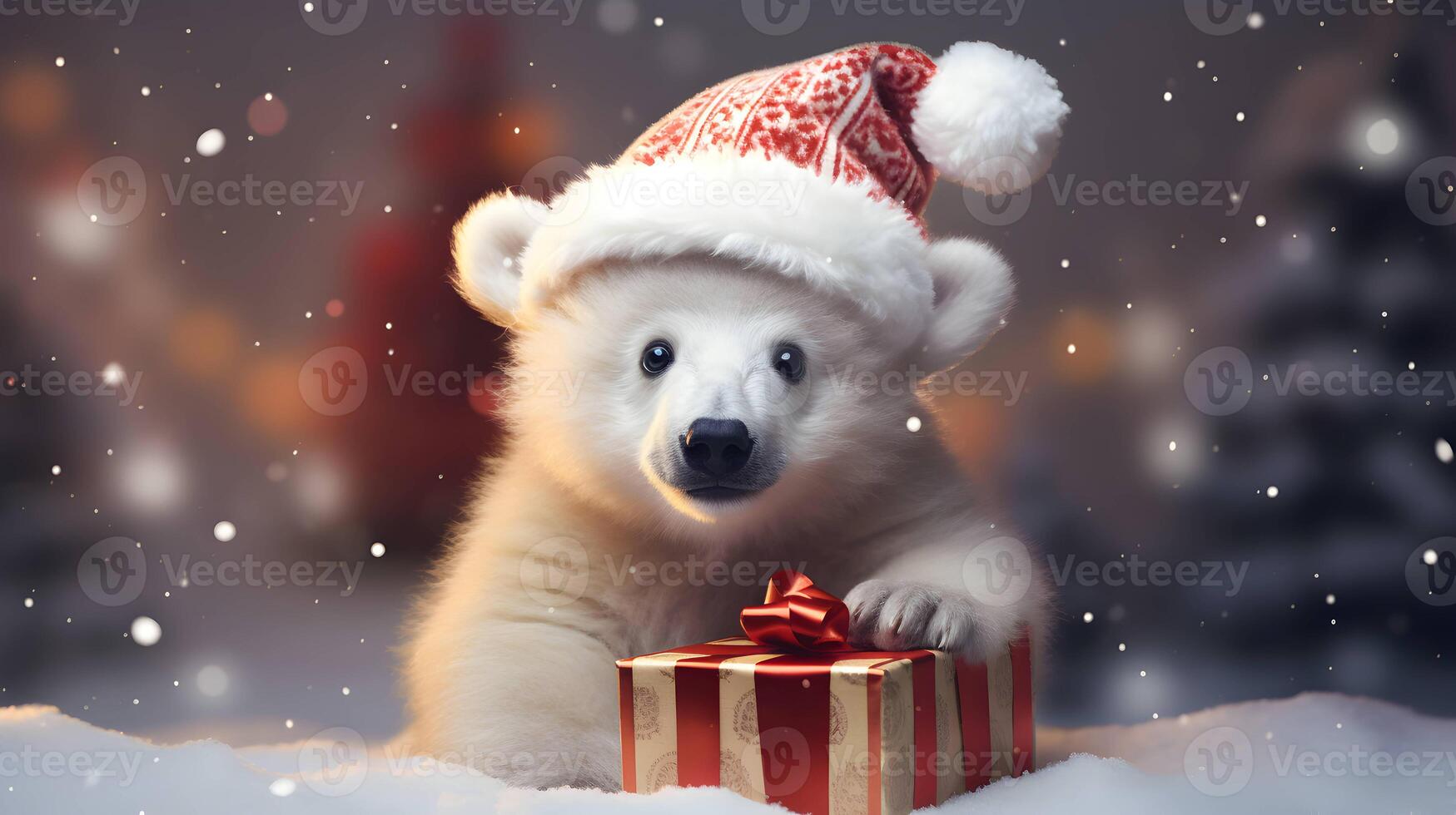 Super cute white polar bear in Santa hat with giftbox. AI generated image photo