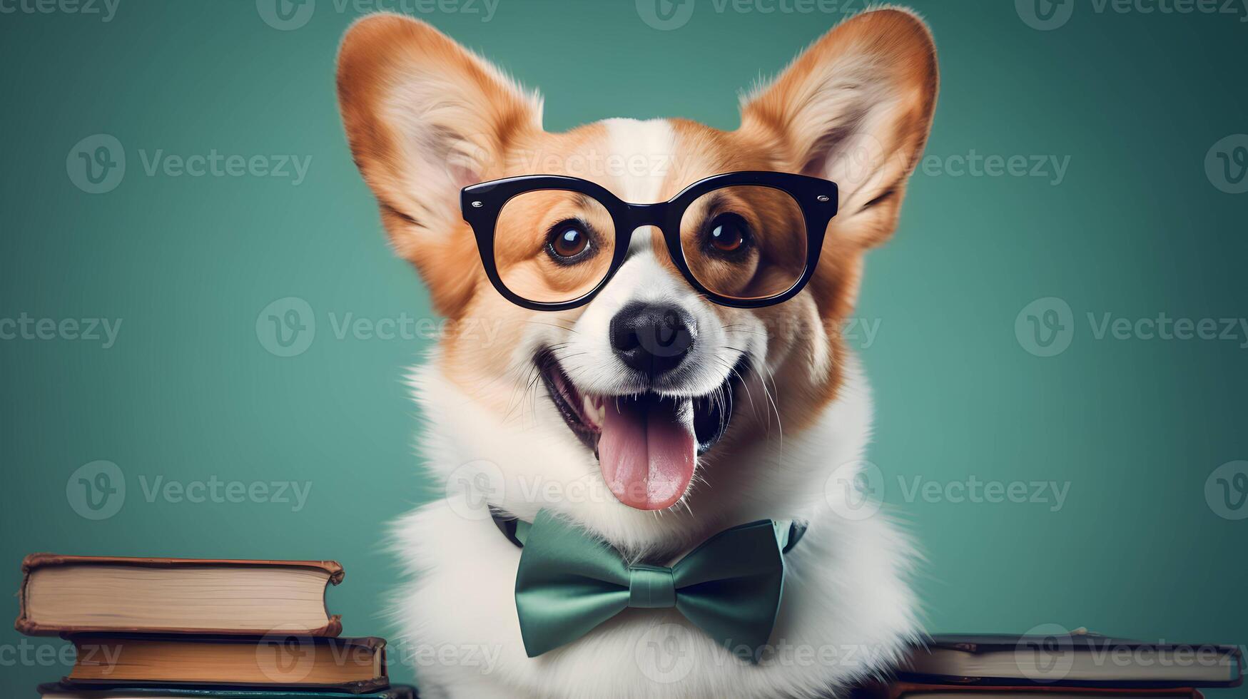 Cute corgi professor wearing glasses with pile of books. image. photo