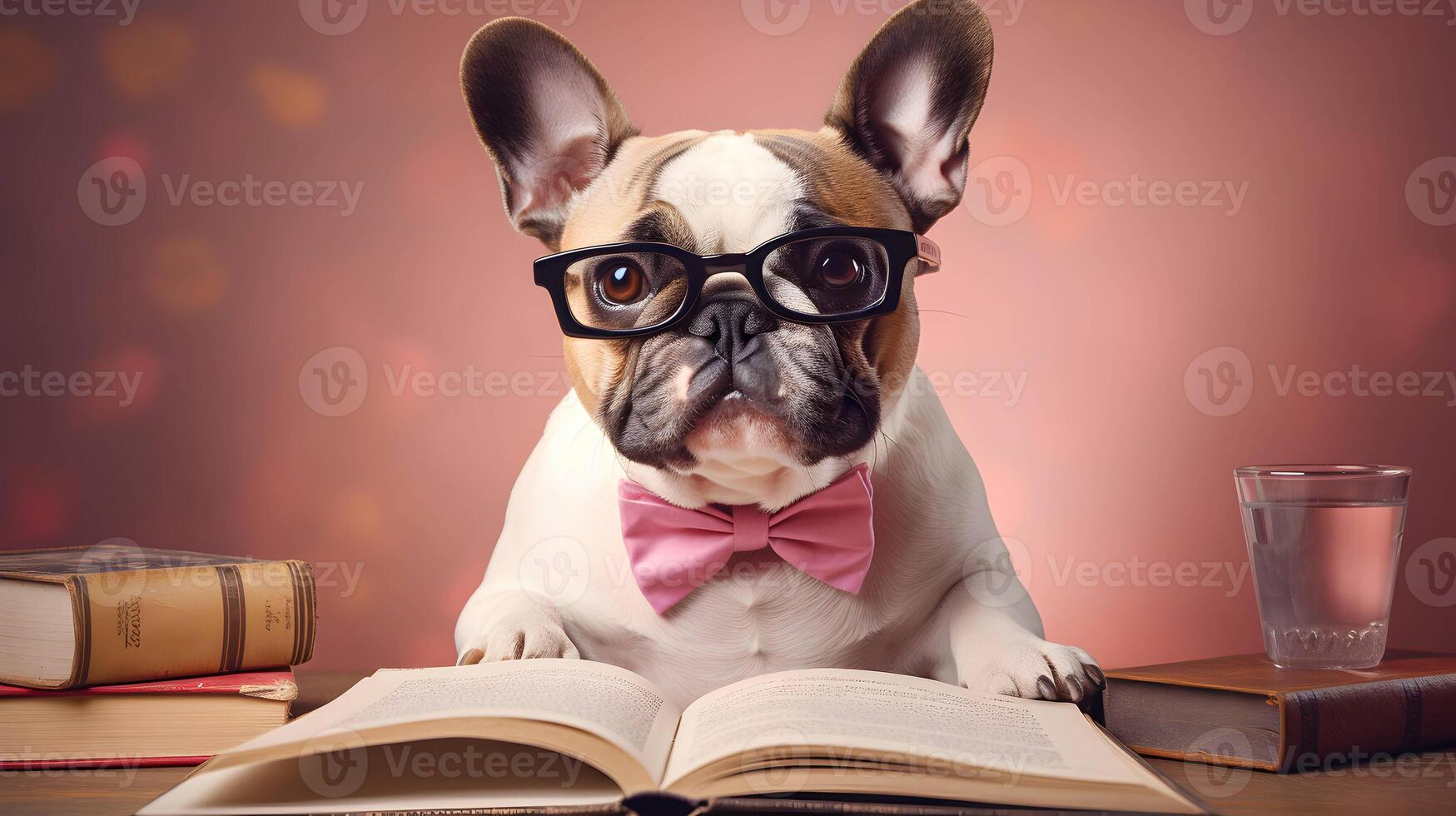 Cute french bulldog professor wearing glasses  with pile of books. AI generated image. photo