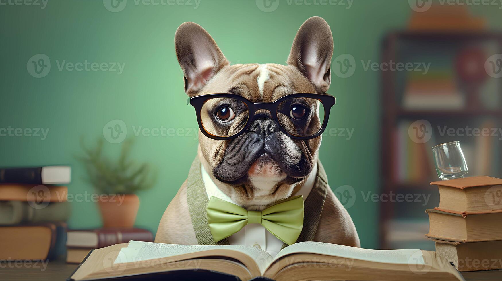 Cute french bulldog professor wearing glasses  with pile of books. AI generated image. photo