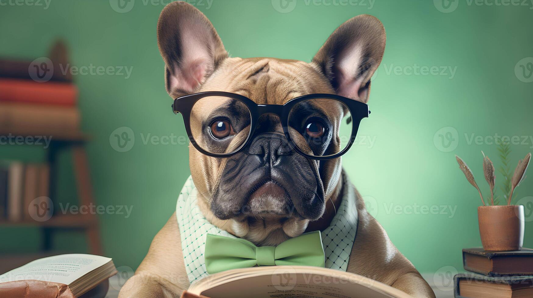 Cute french bulldog professor wearing glasses  with pile of books. AI generated image. photo