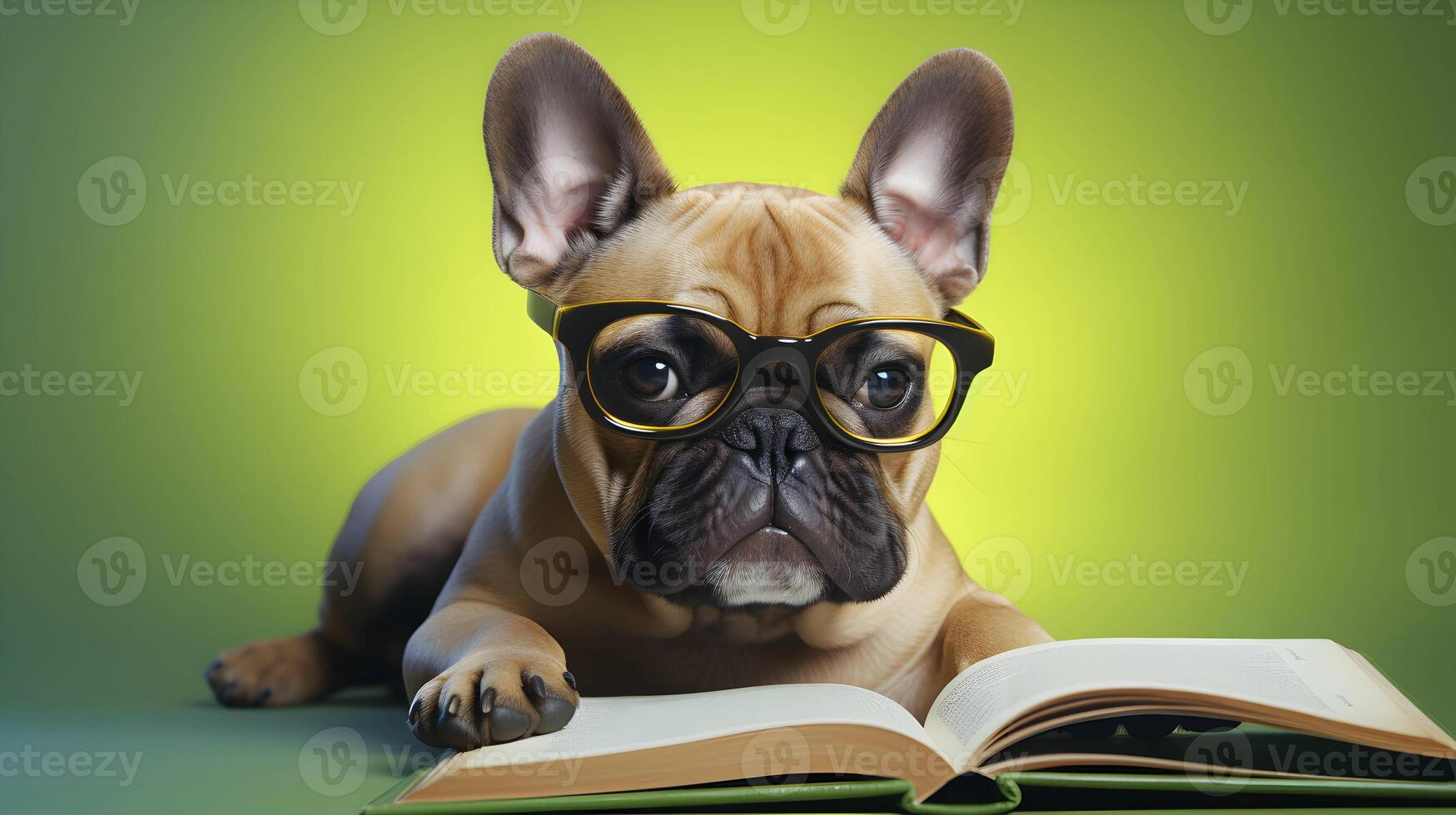 Cute french bulldog student wearing glasses, with pile of books. AI generated image. photo