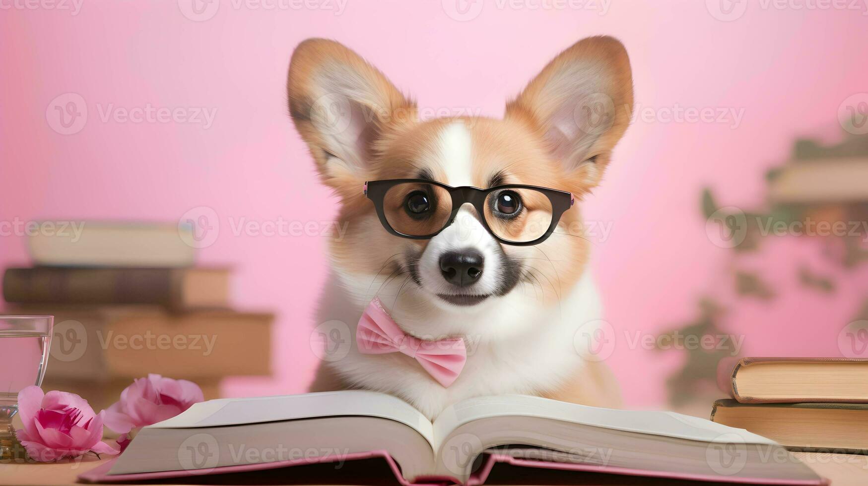 Cute corgi dog professor with pile of books on pink background. AI generated image. photo