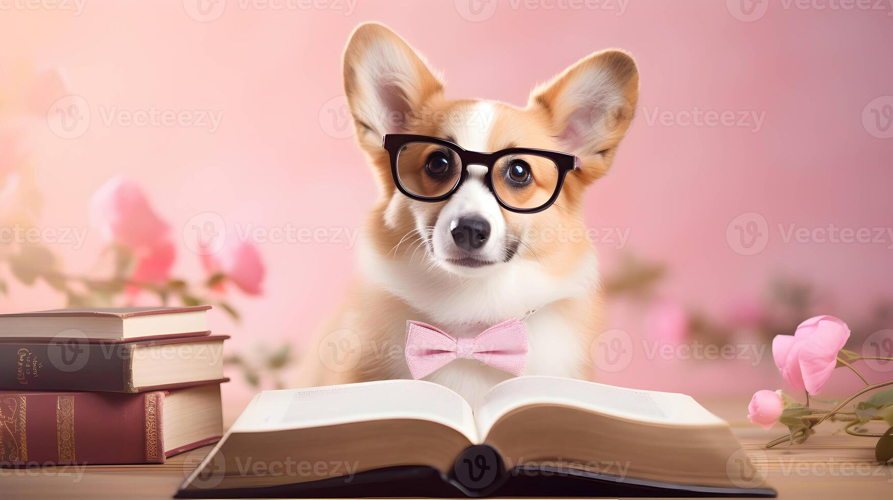 Cute corgi dog professor with pile of books on pink background. AI generated image. photo