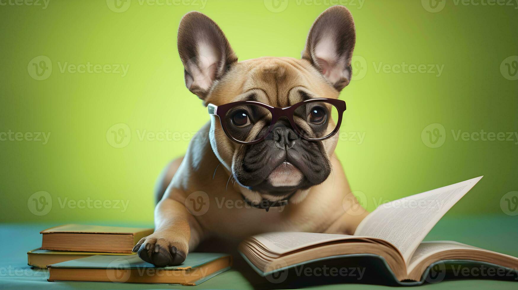 Cute french bulldog student wearing glasses, with pile of books. AI generated image. photo