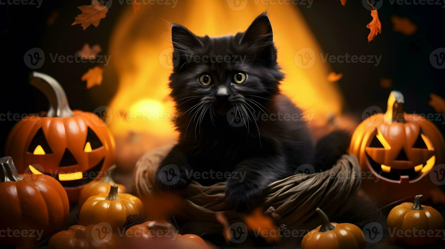 Halloween cute black cat and pumpkin lanterns. AI generated image photo