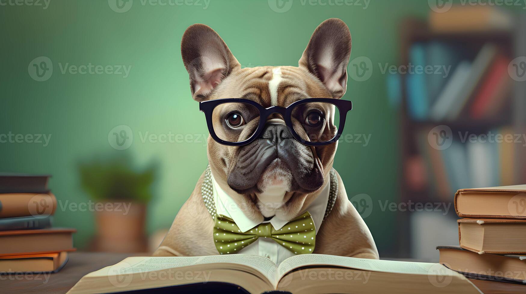 Cute french bulldog professor wearing glasses  with pile of books. AI generated image. photo