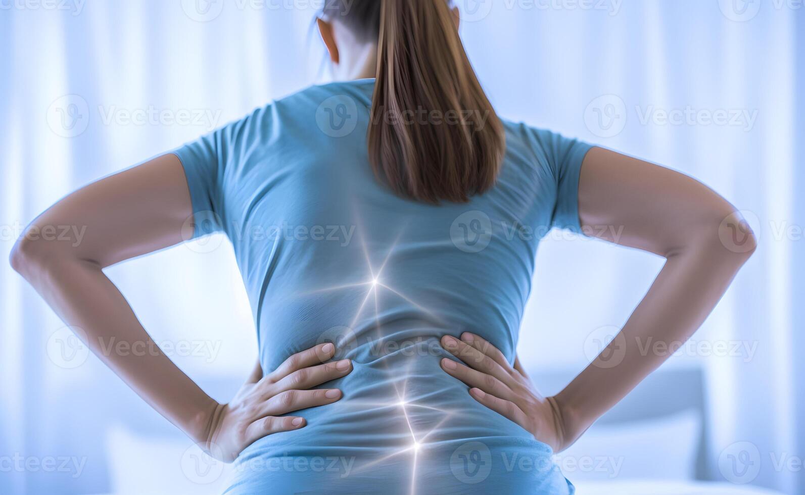 Young woman suffering from low back and loin pain. AI generated. photo