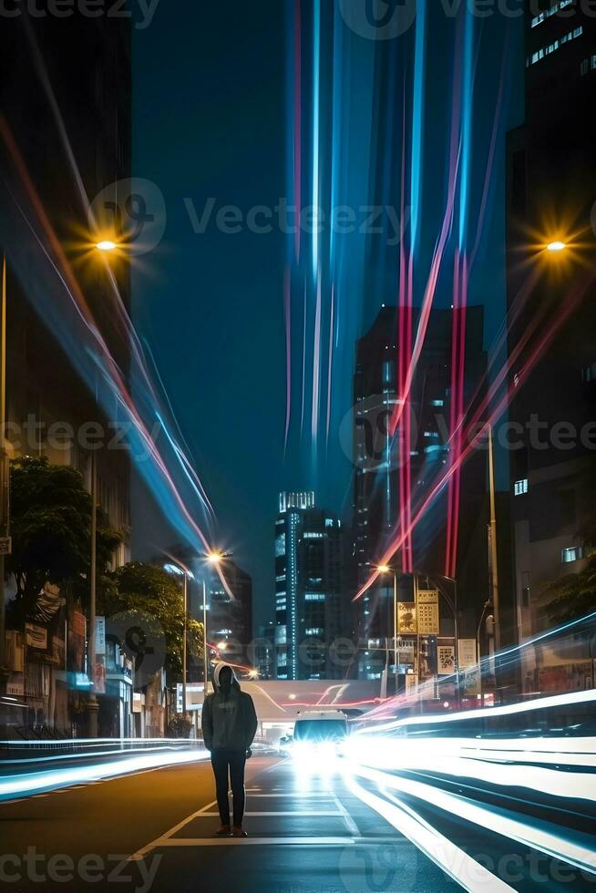 hora lapso fotografía de vehículo luces y un hombre a noche en ciudad. ai generado foto