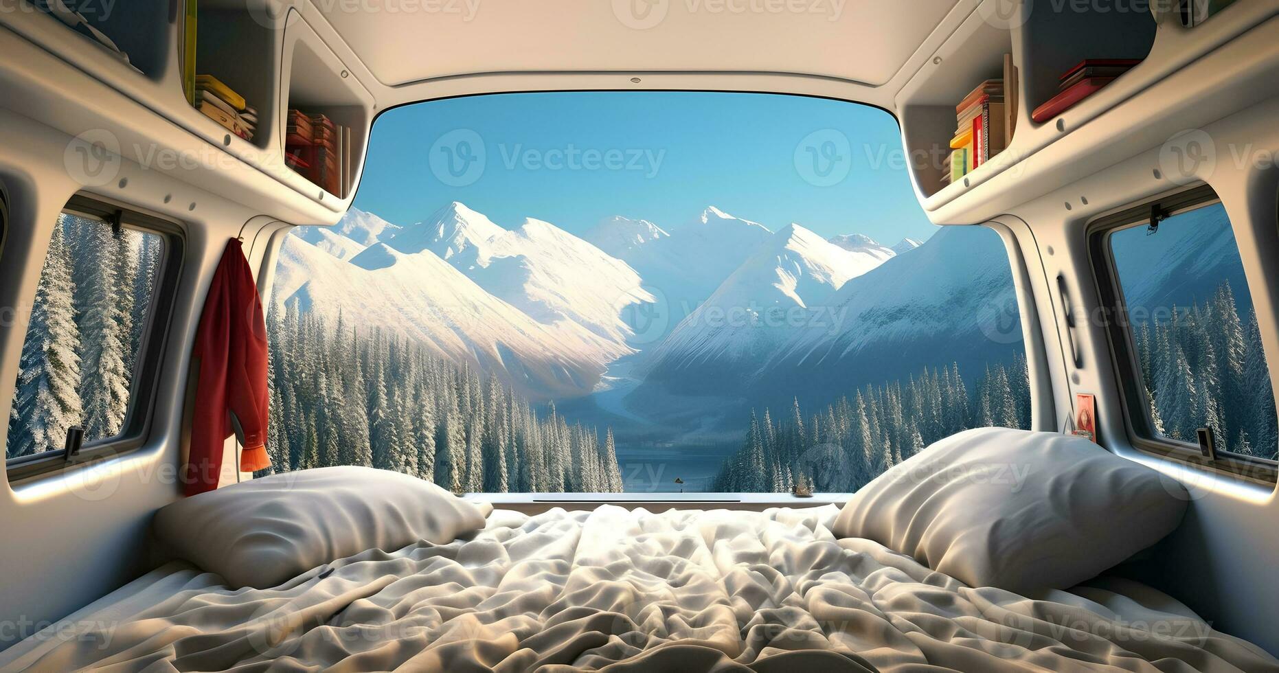 Winter mountain scene seen by camper inside the camper van. AI generated photo