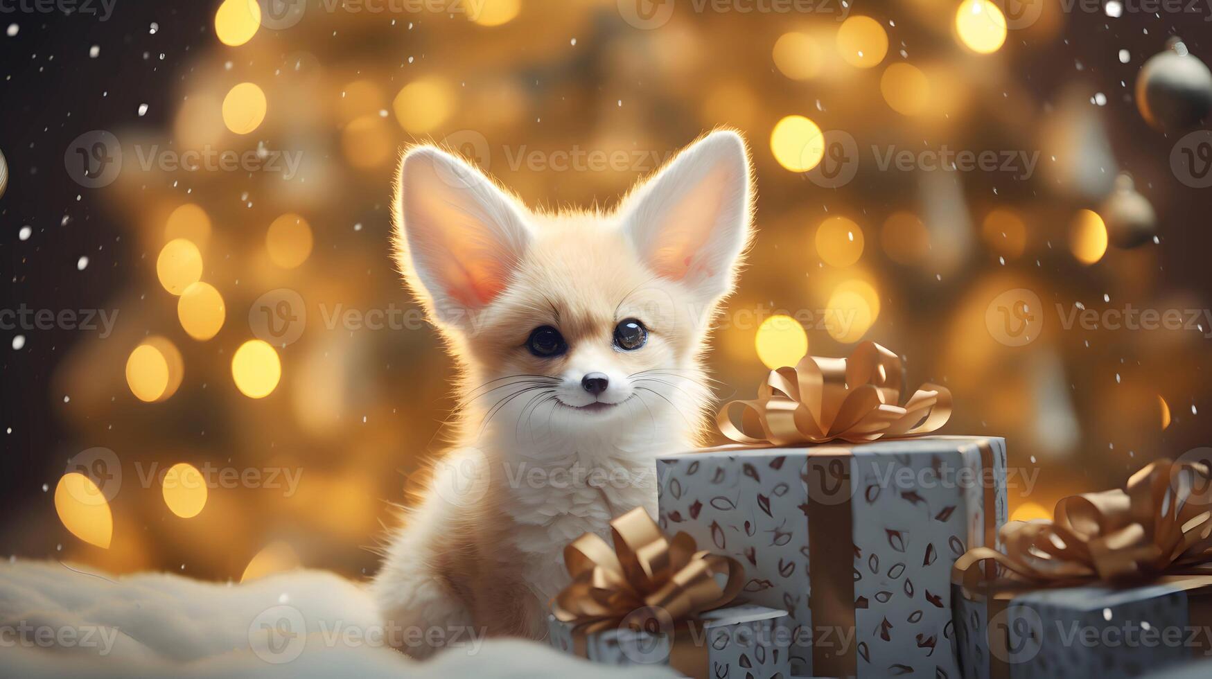 Super cute fennec fox with Christmas giftbox. AI generated image photo