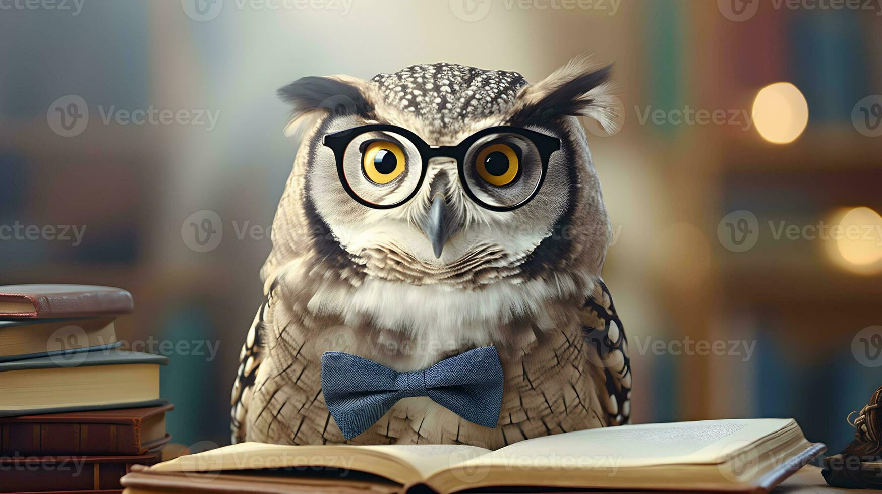 Cute owl teacher with pile of books. Back to school concept. AI generated image. photo