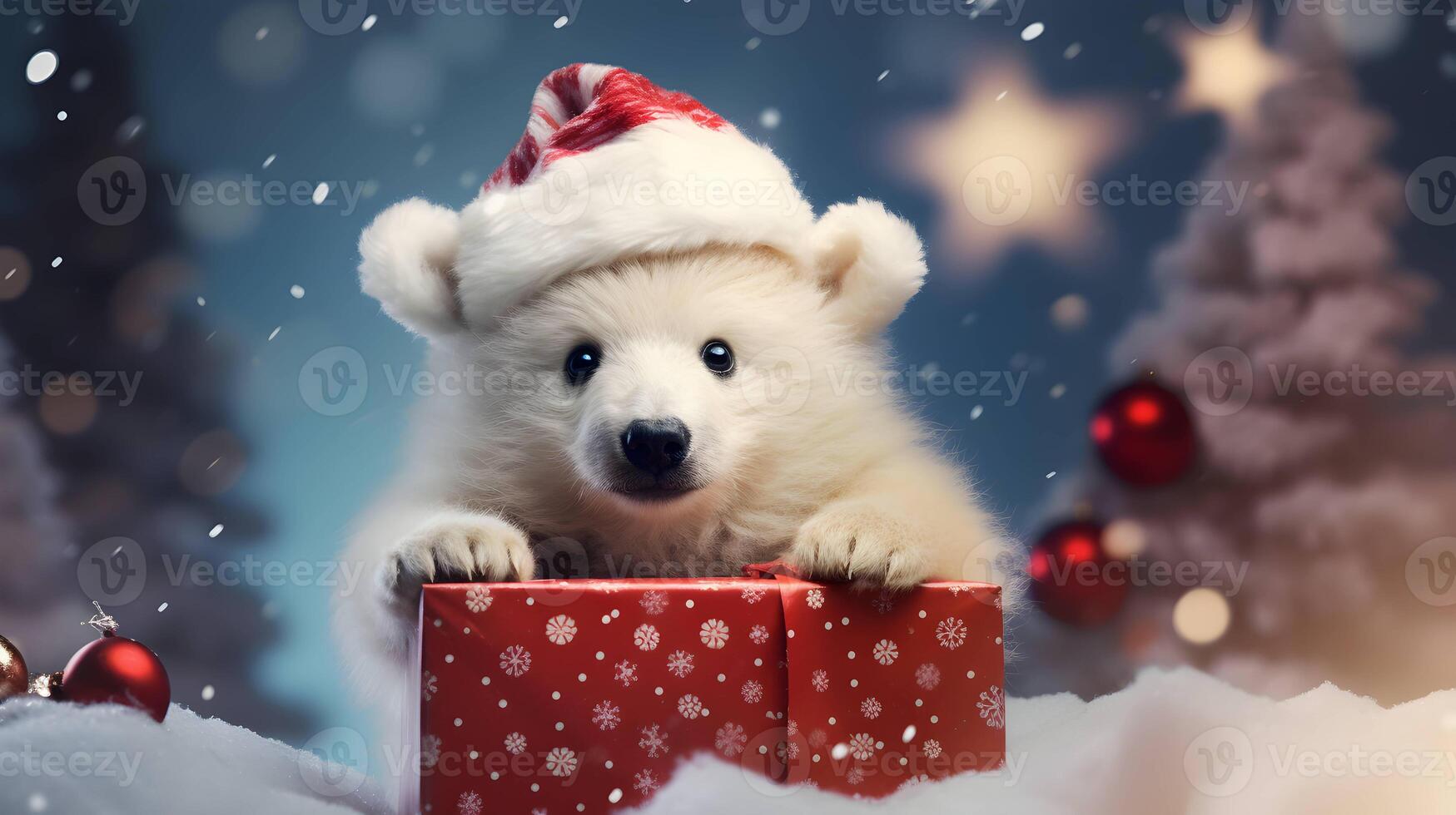 Super cute white polar bear in Santa hat with giftbox. AI generated image photo