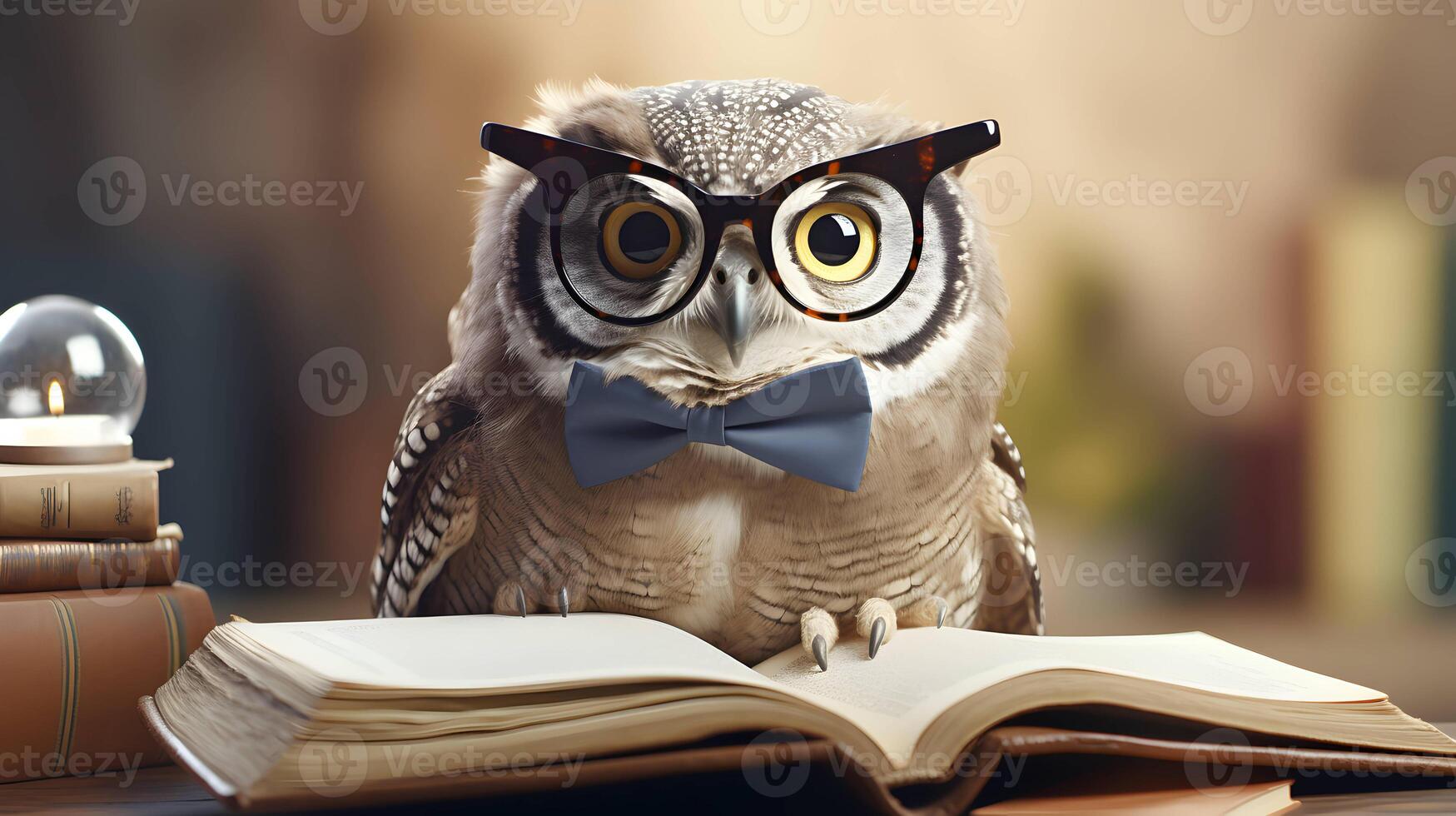 Cute owl teacher with pile of books. Back to school concept. AI generated image. photo