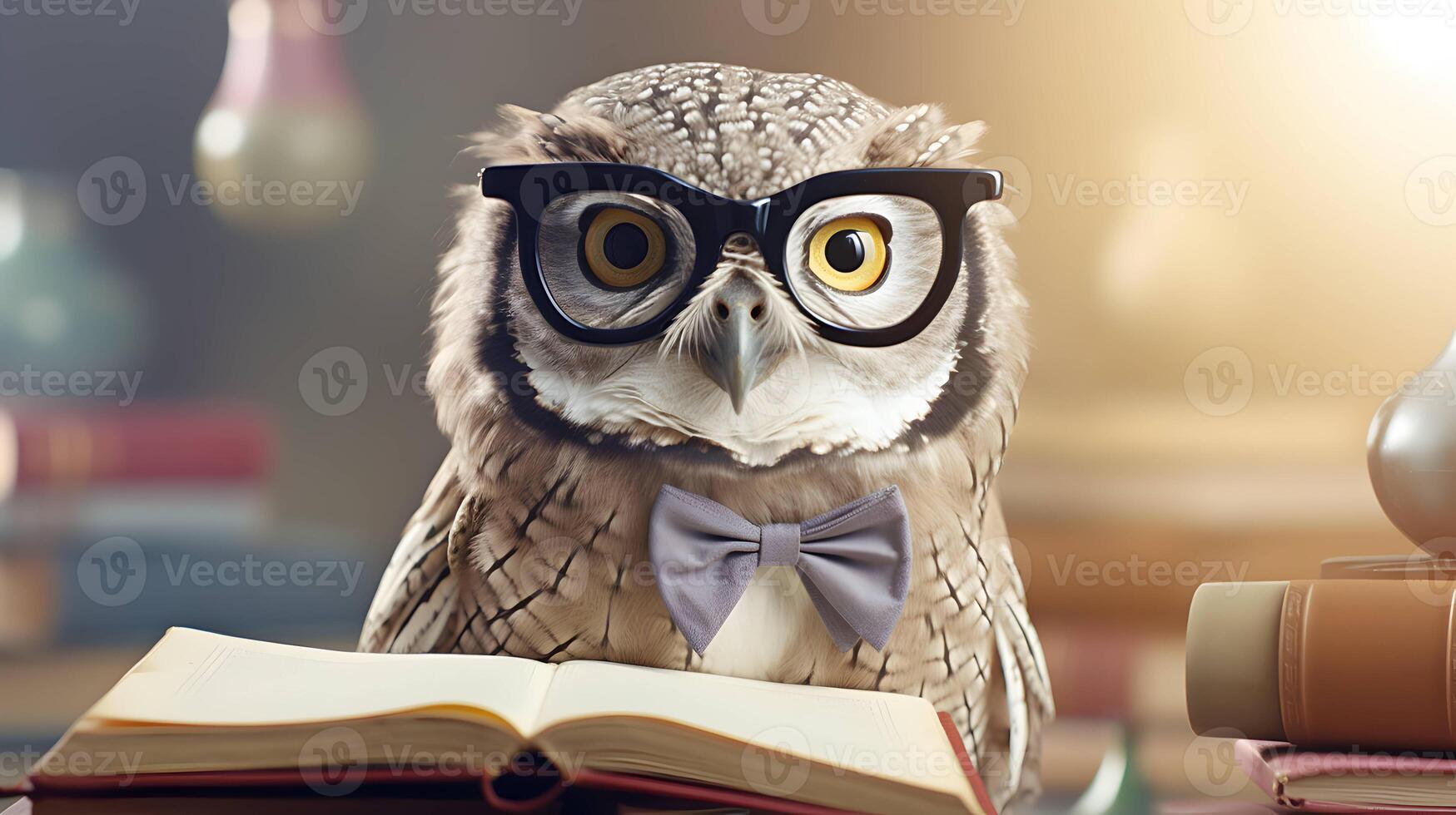 Cute owl teacher with pile of books. Back to school concept. AI generated image. photo