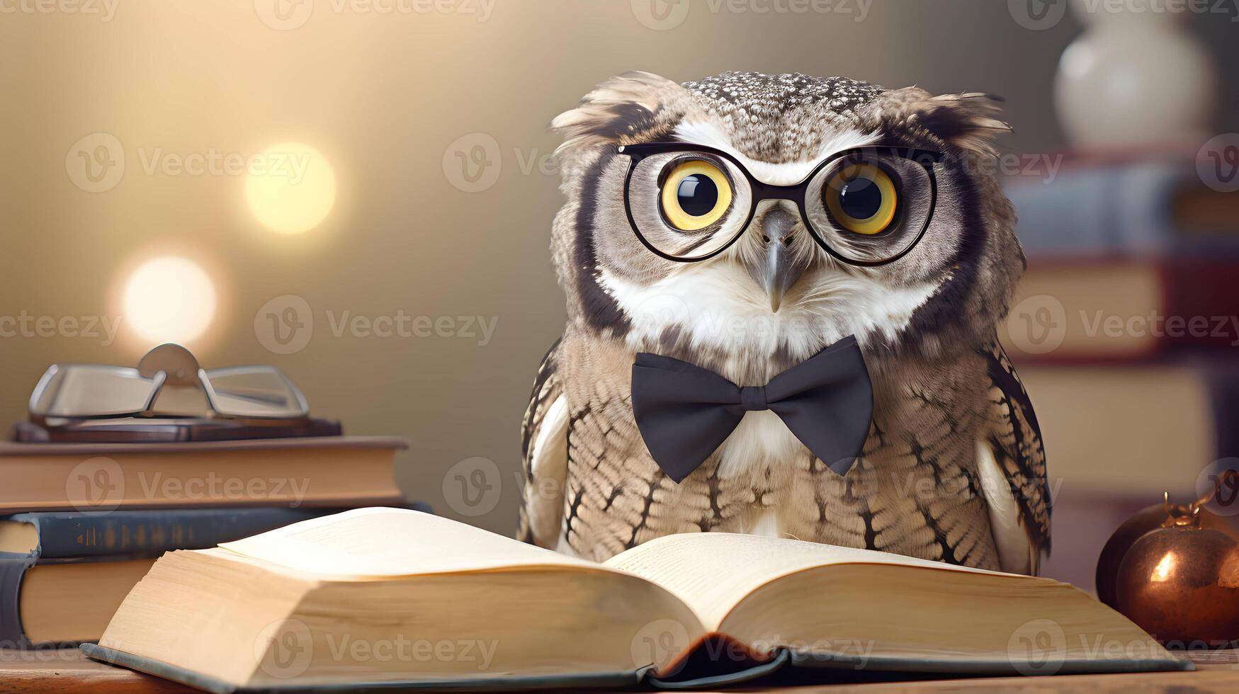 Cute owl teacher with pile of books. Back to school concept. AI generated image. photo