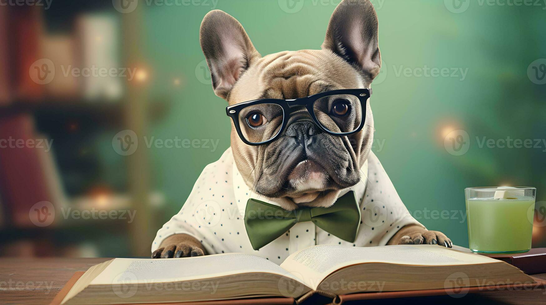 Cute french bulldog student wearing glasses, with pile of books. AI generated image. photo