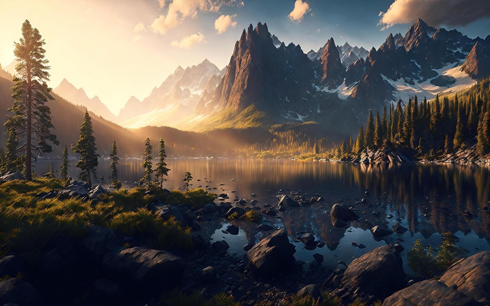 Stunning landscape river golden hour falls and mountains. photo