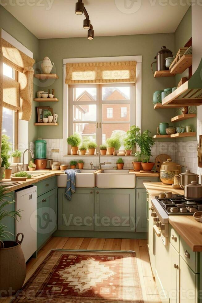 Modern decorated kitchen with windows photo